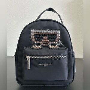 NEW KARL LAGERFELD PARIS Women’s Black Amour Nylon Backpack Karl Rhinestone Logo